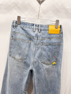 Light wash denim pants with two front pockets, straight leg cuffs, belt loops