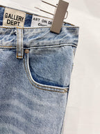 Denim pants close-up of front pocket and fly with contrast topstitching