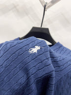 Navy blue textured knit cardigan with polo horse emblem on back