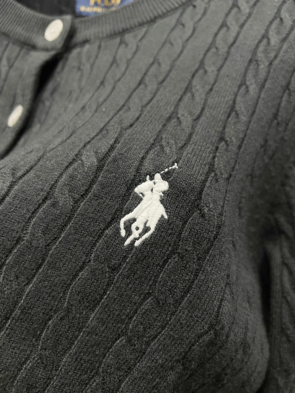 Ralph Lauren embroidered polo rider on dark knit cardigan