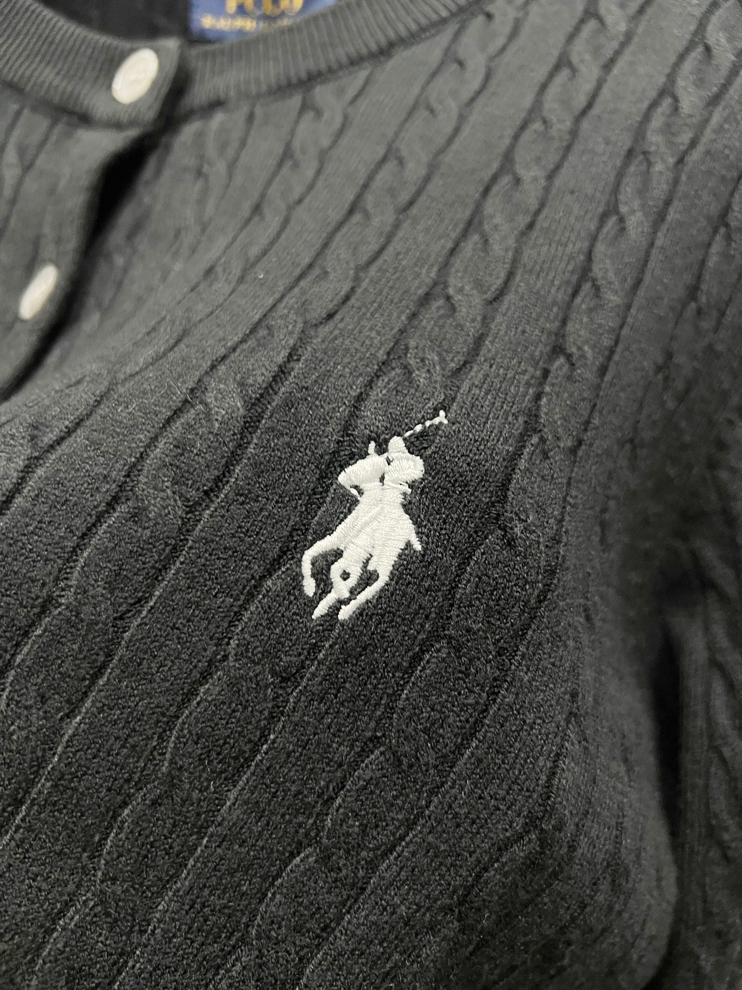Ralph Lauren embroidered polo rider on dark knit cardigan