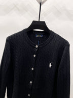 Ralph Lauren knit cardigan close-up with button front and embroidered polo rider