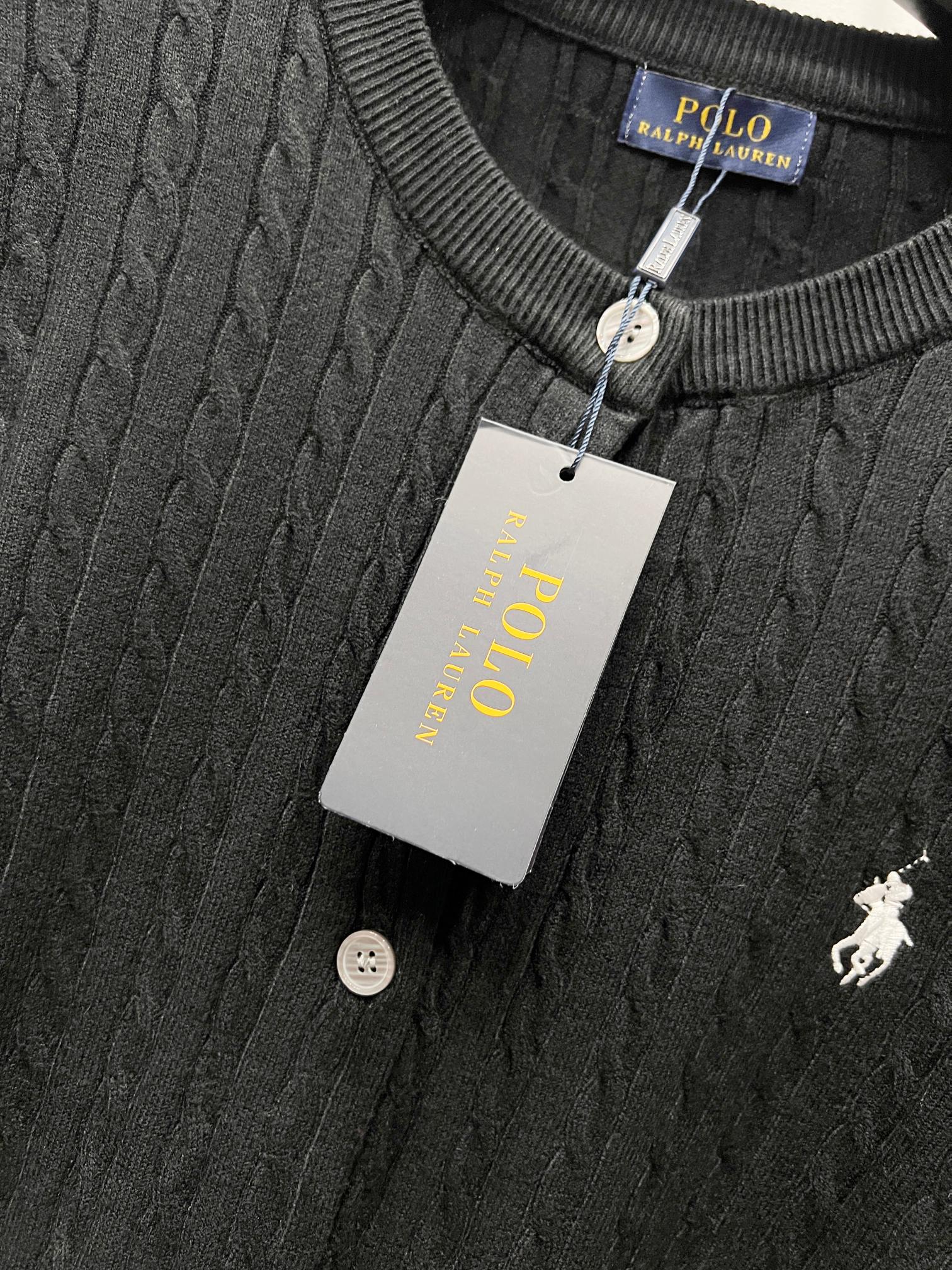 Ralph Lauren knit cardigan close-up with ribbed crew neck, white buttons, polo logo