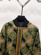 Zip-up jacket front with zipper, multicolor monogram knit and ribbed collar