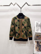 Zip-up jacket with multicolor monogram pattern and black ribbed collar
