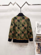 Zip-up jacket with multicolor monogram pattern and black ribbed cuffs