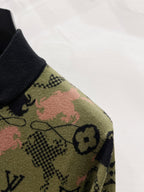 Zip-up jacket sleeve with multicolor monogram knit on olive background