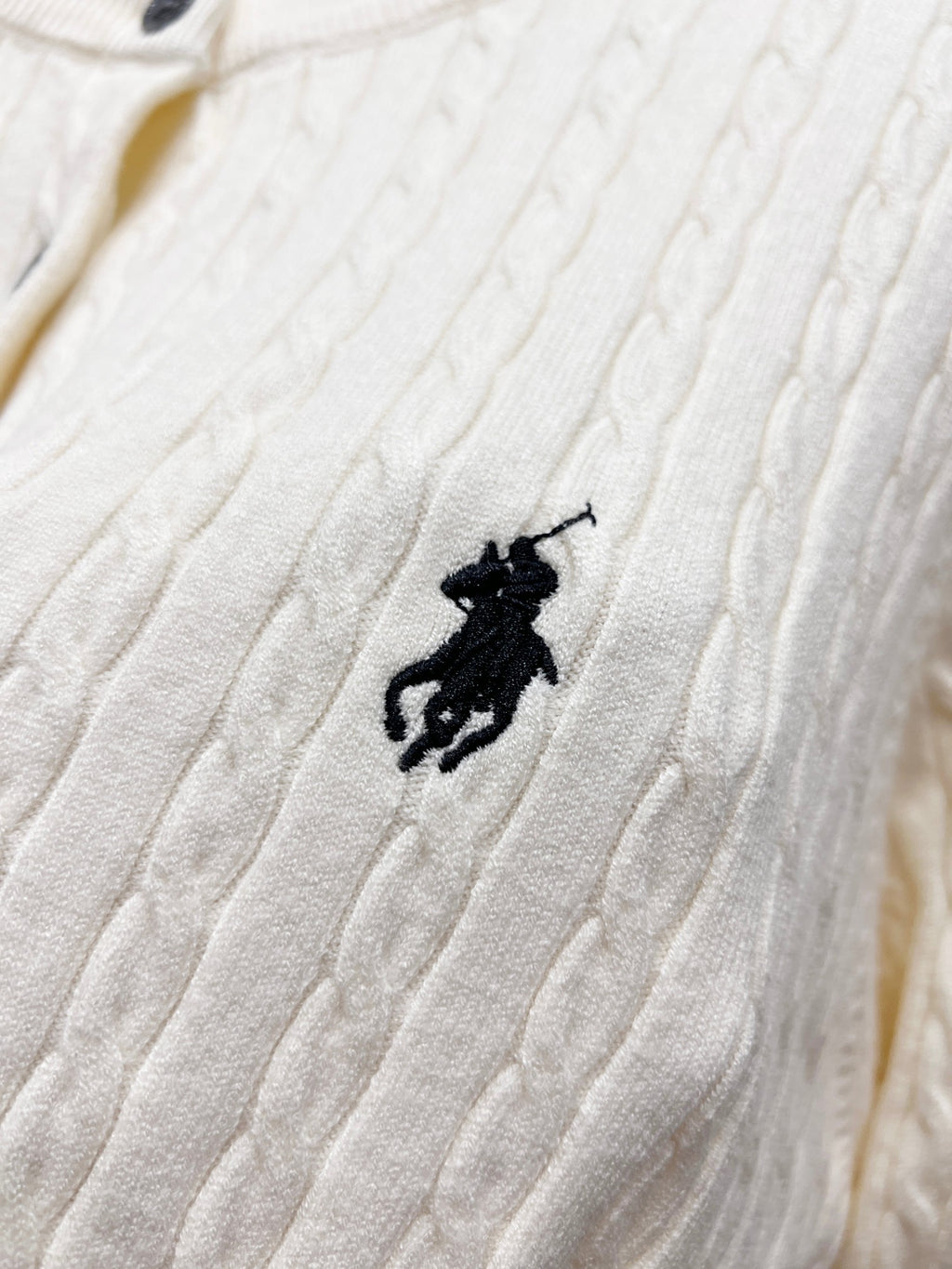 Cream knit cardigan chest logo detail with black embroidered Polo player