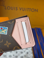 Small Louis Vuitton monogram cardholder insert in pink fabric with stitched edges