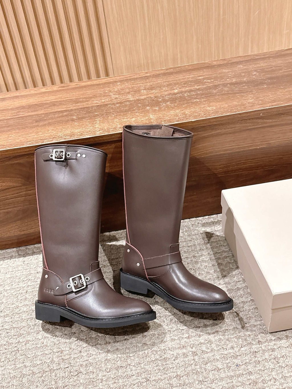Golden Goose dark brown tall boots with double buckled straps and flat lug sole