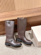 Golden Goose dark brown tall boots with double buckled straps and flat lug sole