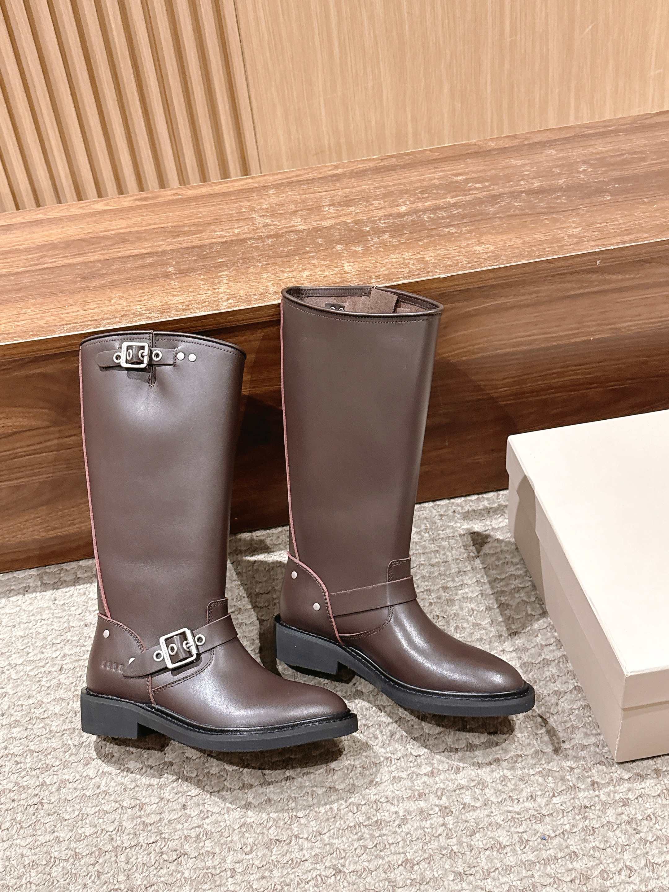 Golden Goose dark brown tall boots with double buckled straps and flat lug sole