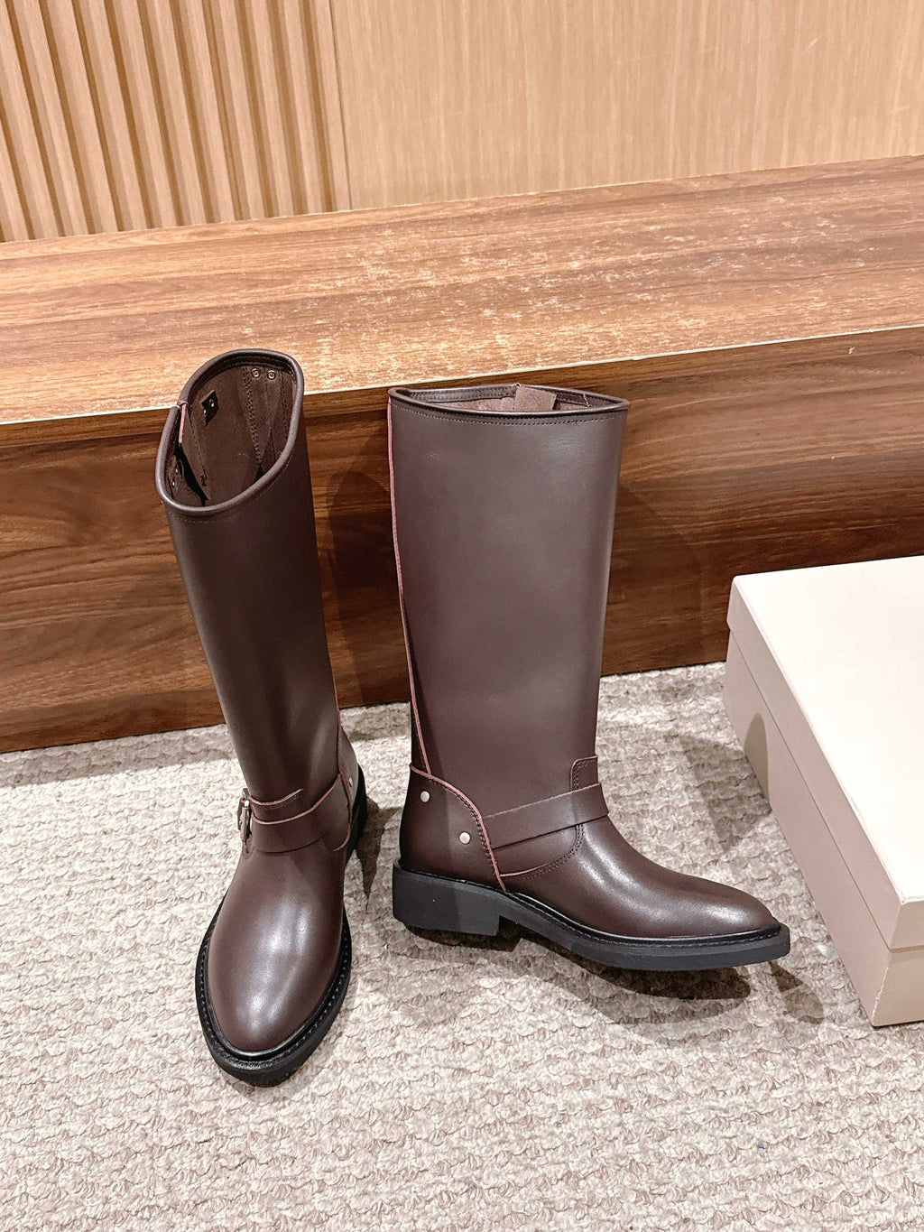 Golden Goose dark brown knee-high boots with buckle strap and chunky lug sole