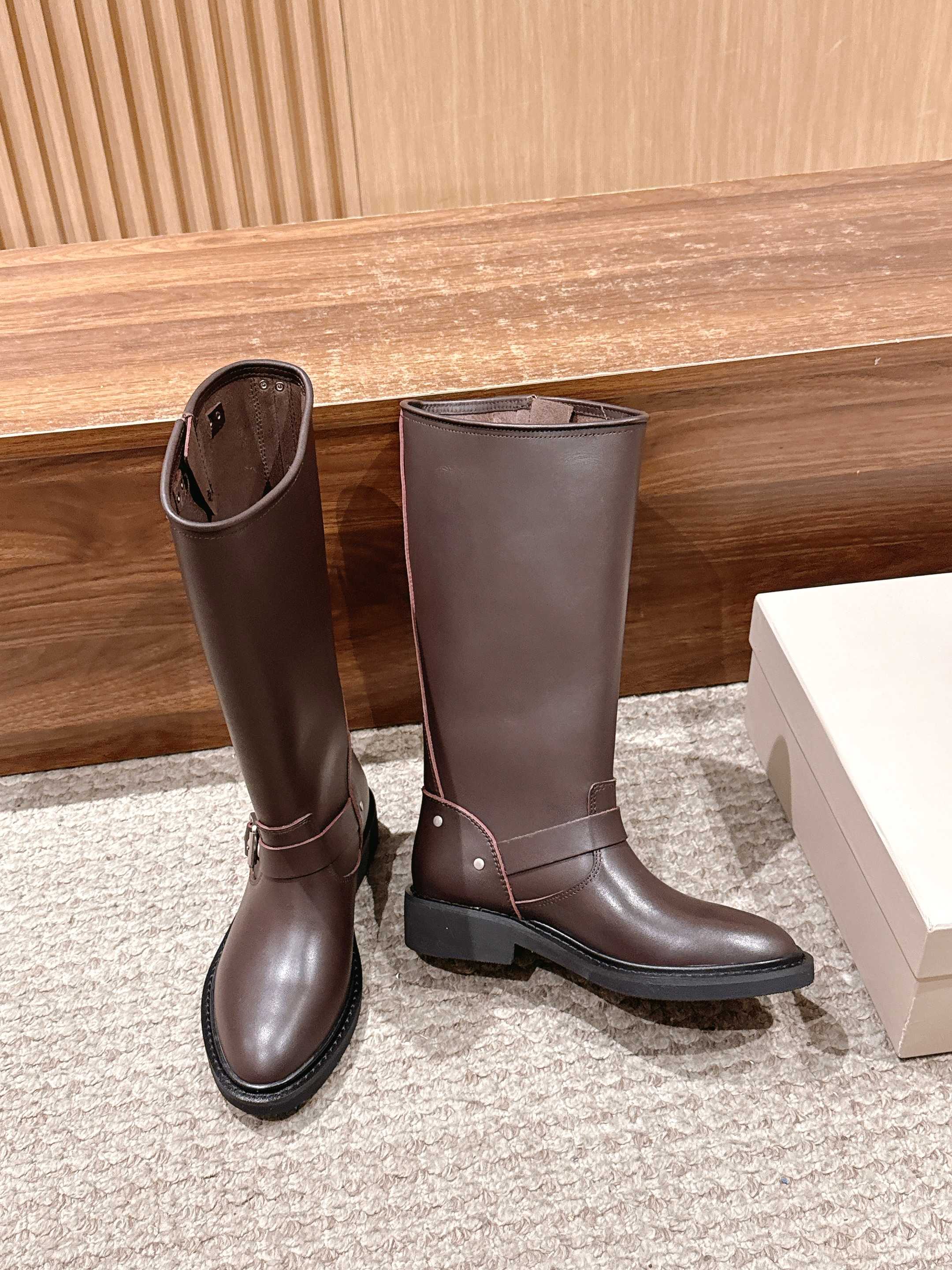 Golden Goose dark brown knee-high boots with buckle strap and chunky lug sole