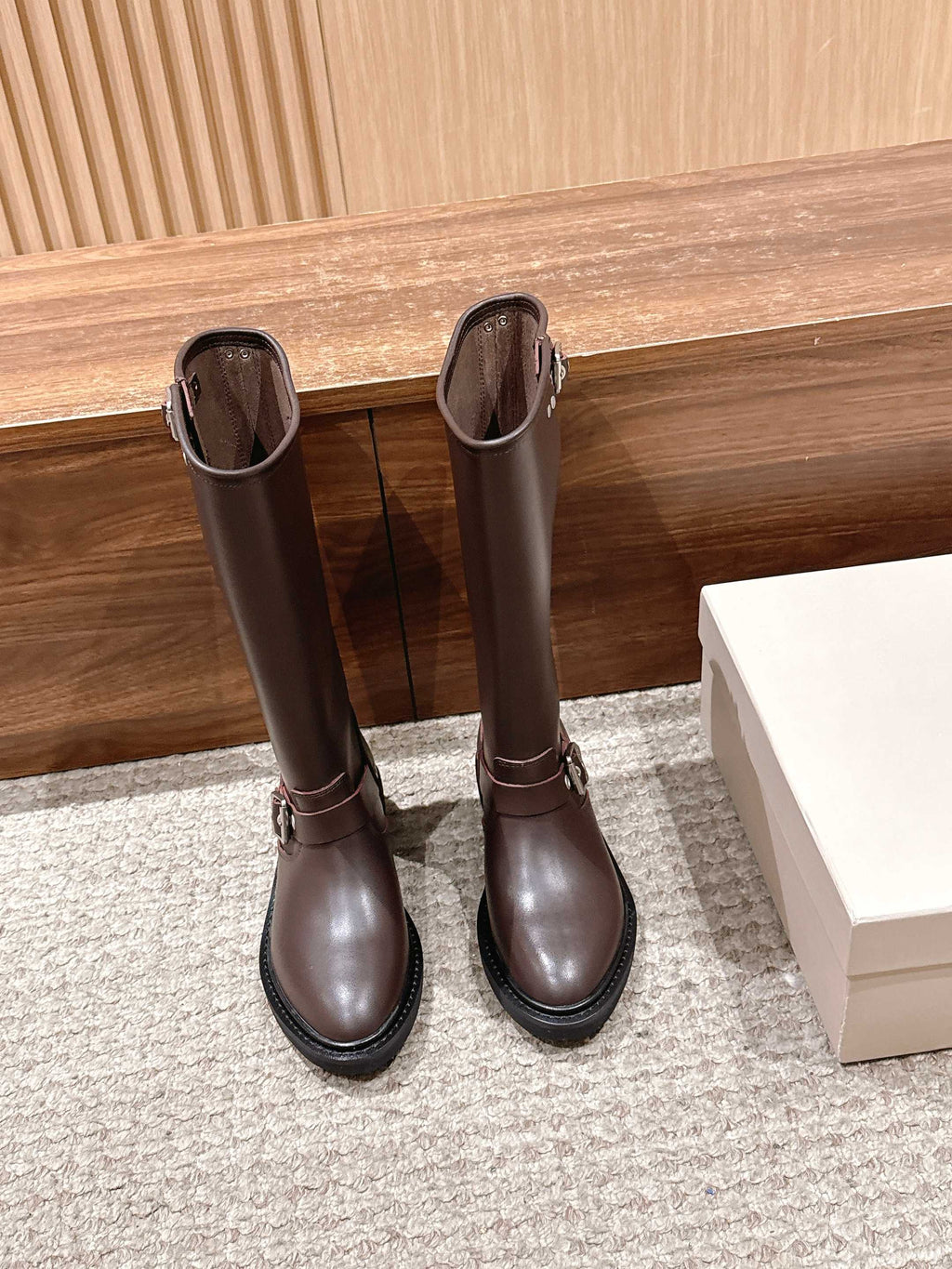 Golden Goose dark brown mid-calf leather boots with double buckle strap, flat sole