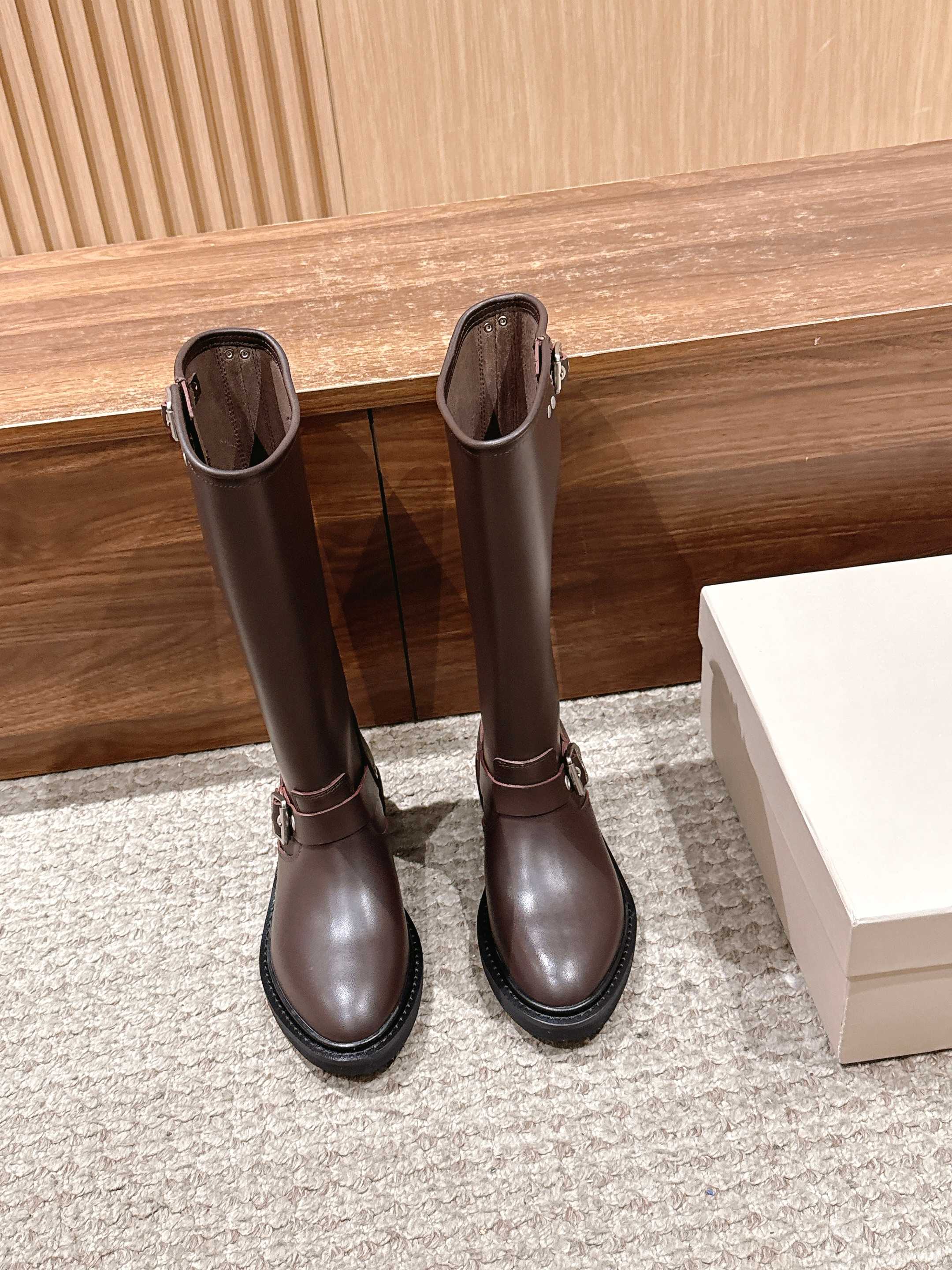 Golden Goose dark brown mid-calf leather boots with double buckle strap, flat sole