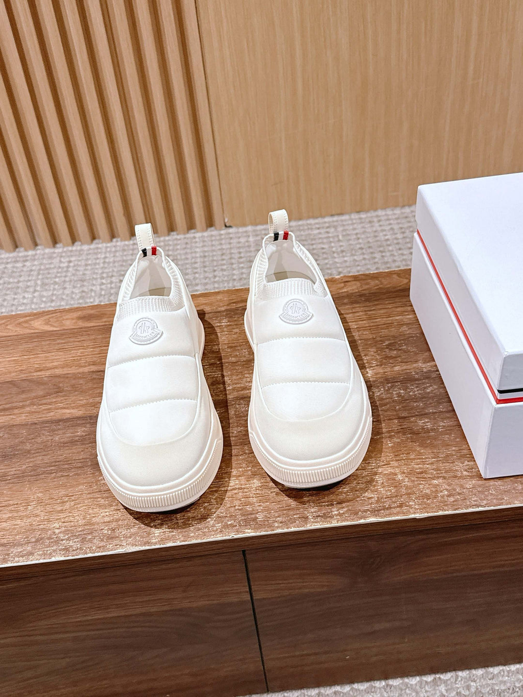 Moncler white slip-on sneakers, round toe, logo patch on side