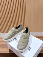 Moncler light beige slip-on sneakers with elastic gore, round logo badge, white sole