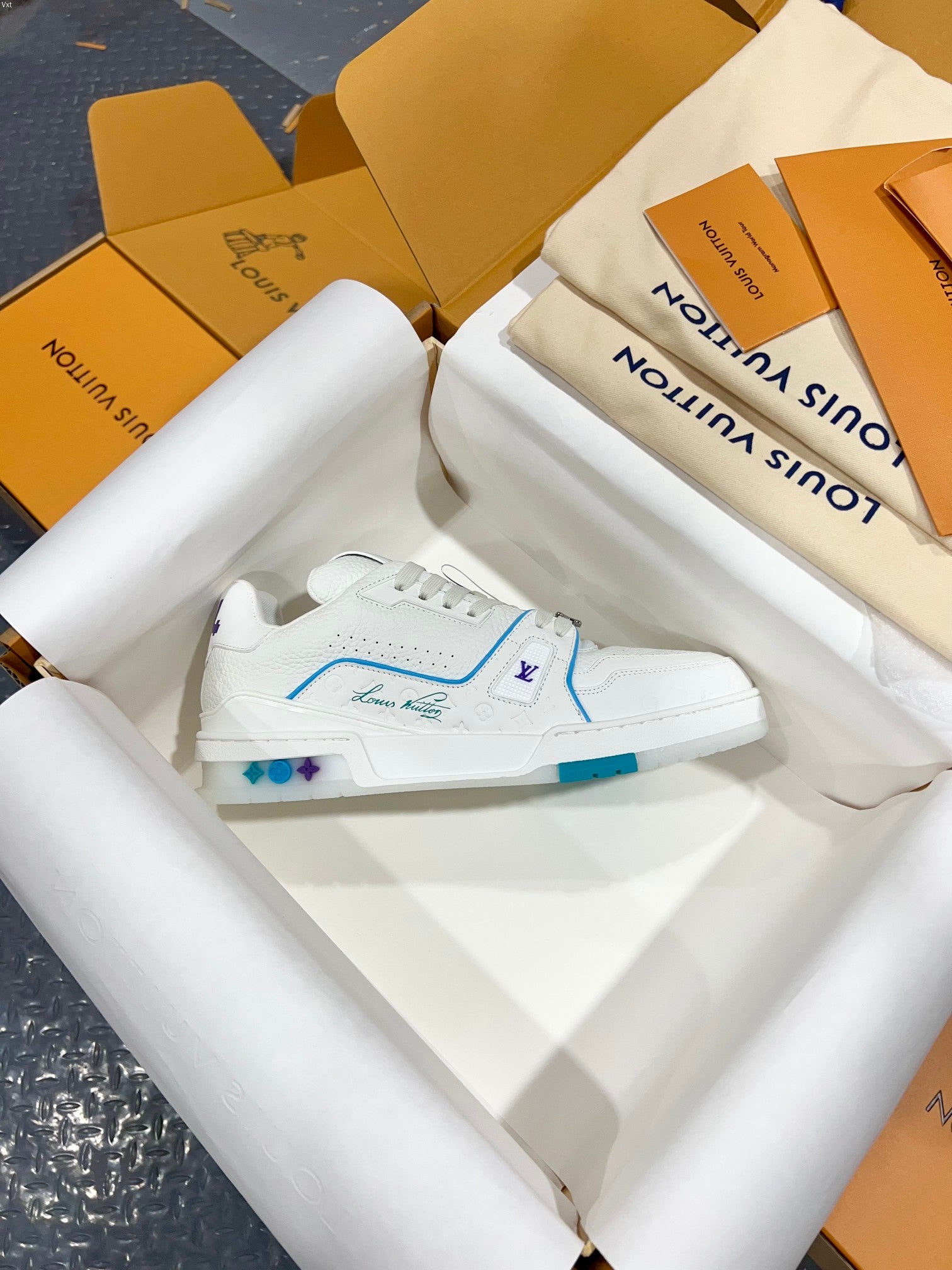 White Louis Vuitton trainer shoe with blue outline stitching and logo on the side.