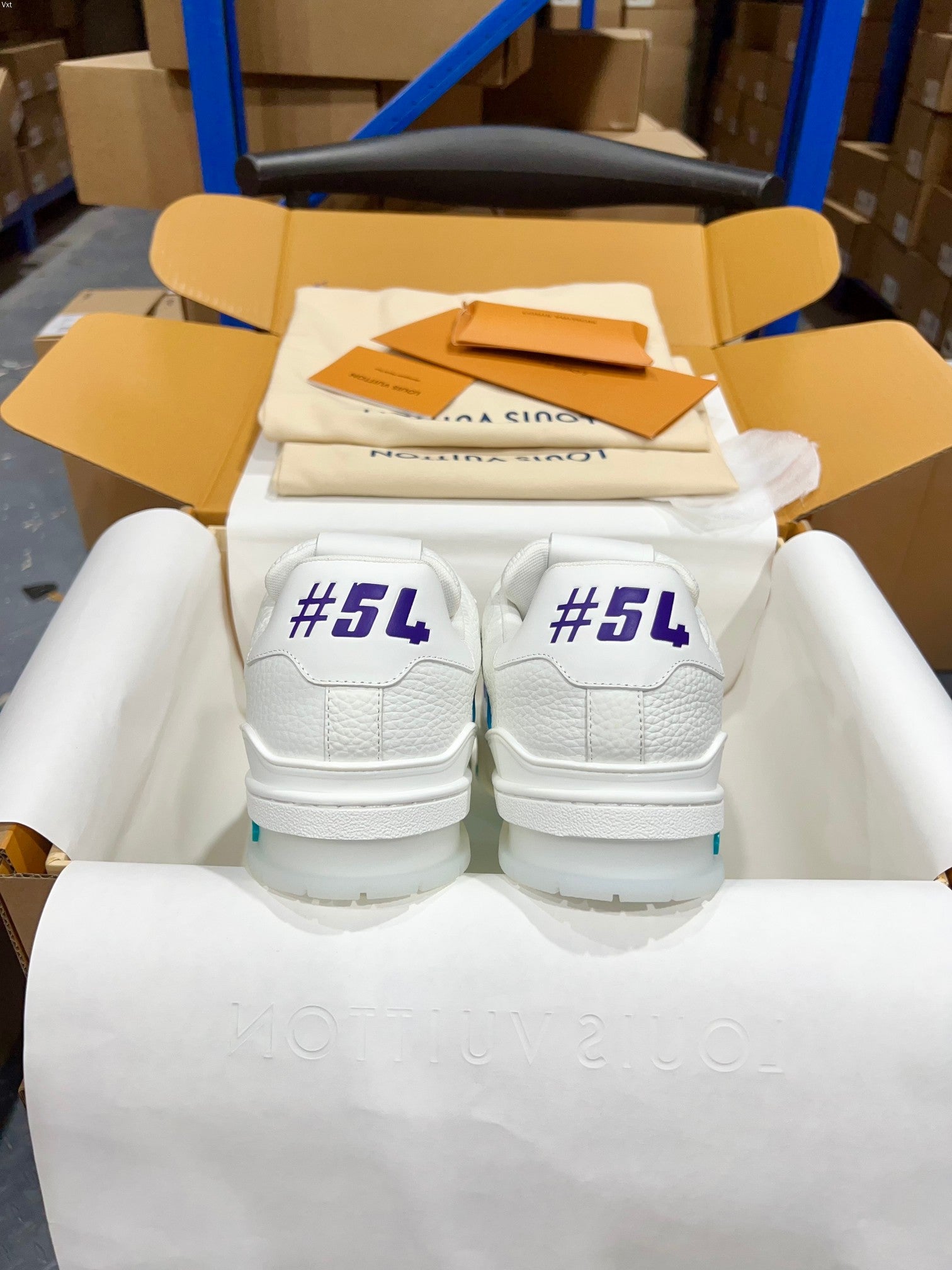White Louis Vuitton trainer shoes showing #5L on the back heels and blue details.