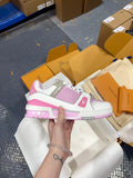 Louis Vuitton trainer sneakers with white leather, lilac mesh, and pink accents