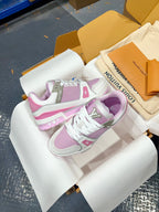 Louis Vuitton trainer sneakers, white base with lilac uppers and pink side stripes