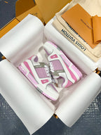 Louis Vuitton trainer sneakers with lilac and pink color-block design and white trim