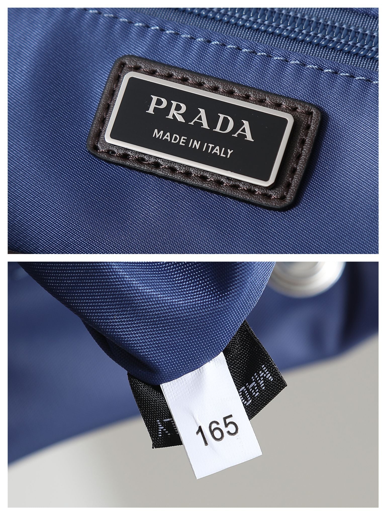 Prada Made in Italy tag and size label on blue nylon backpack