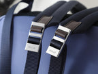 Prada branded webbing shoulder strap with metal buckle and leather loops