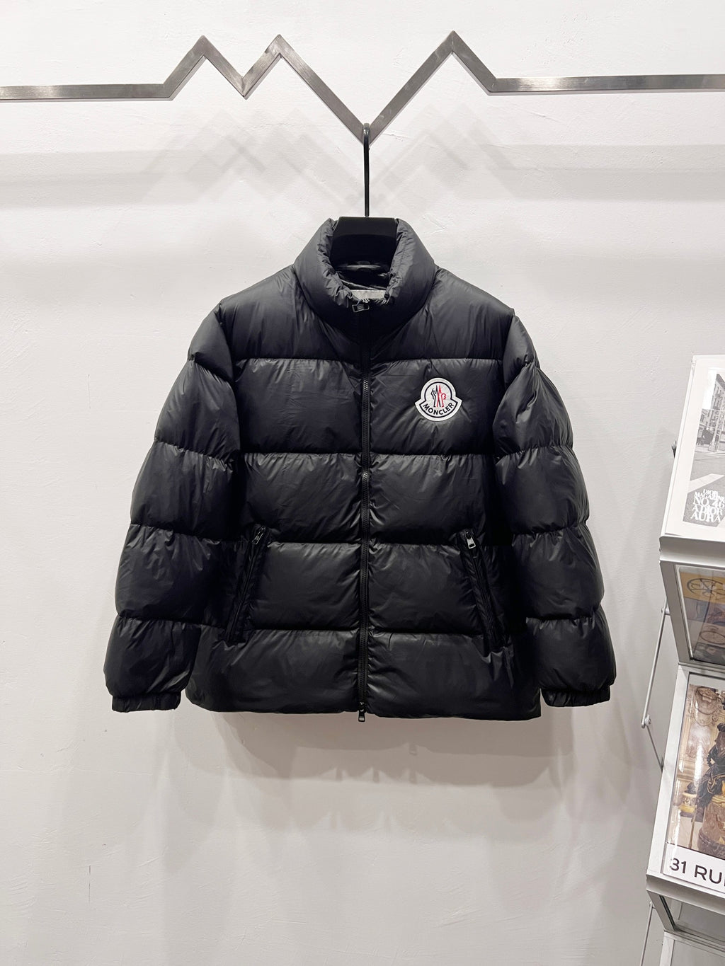 Moncler long puffer jacket, dark with stand collar and front zipper