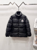 Moncler long puffer jacket, dark with stand collar and front zipper