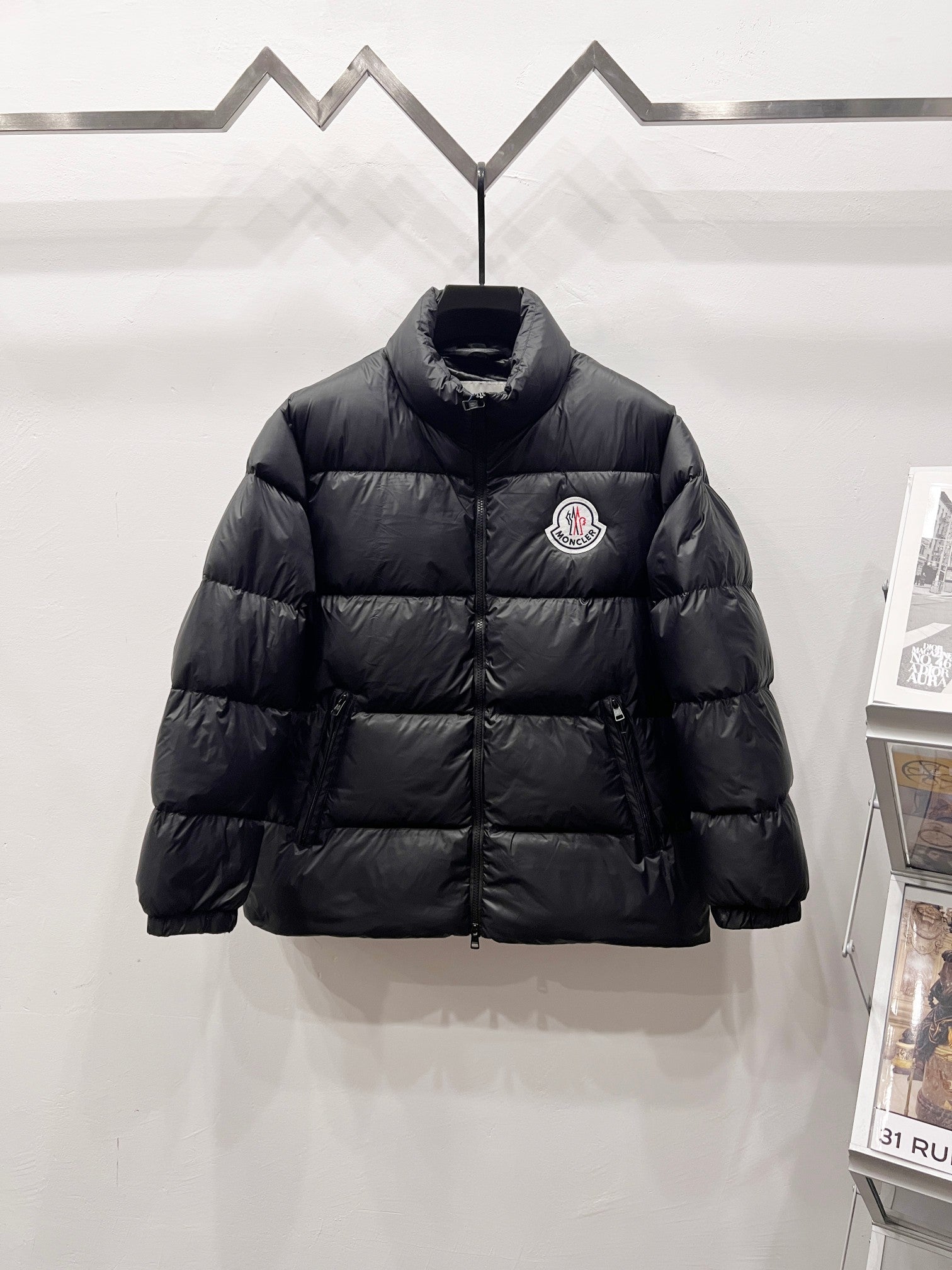 Moncler long puffer jacket, dark with stand collar and front zipper