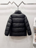 Moncler long puffer jacket back view, dark quilted with stand collar