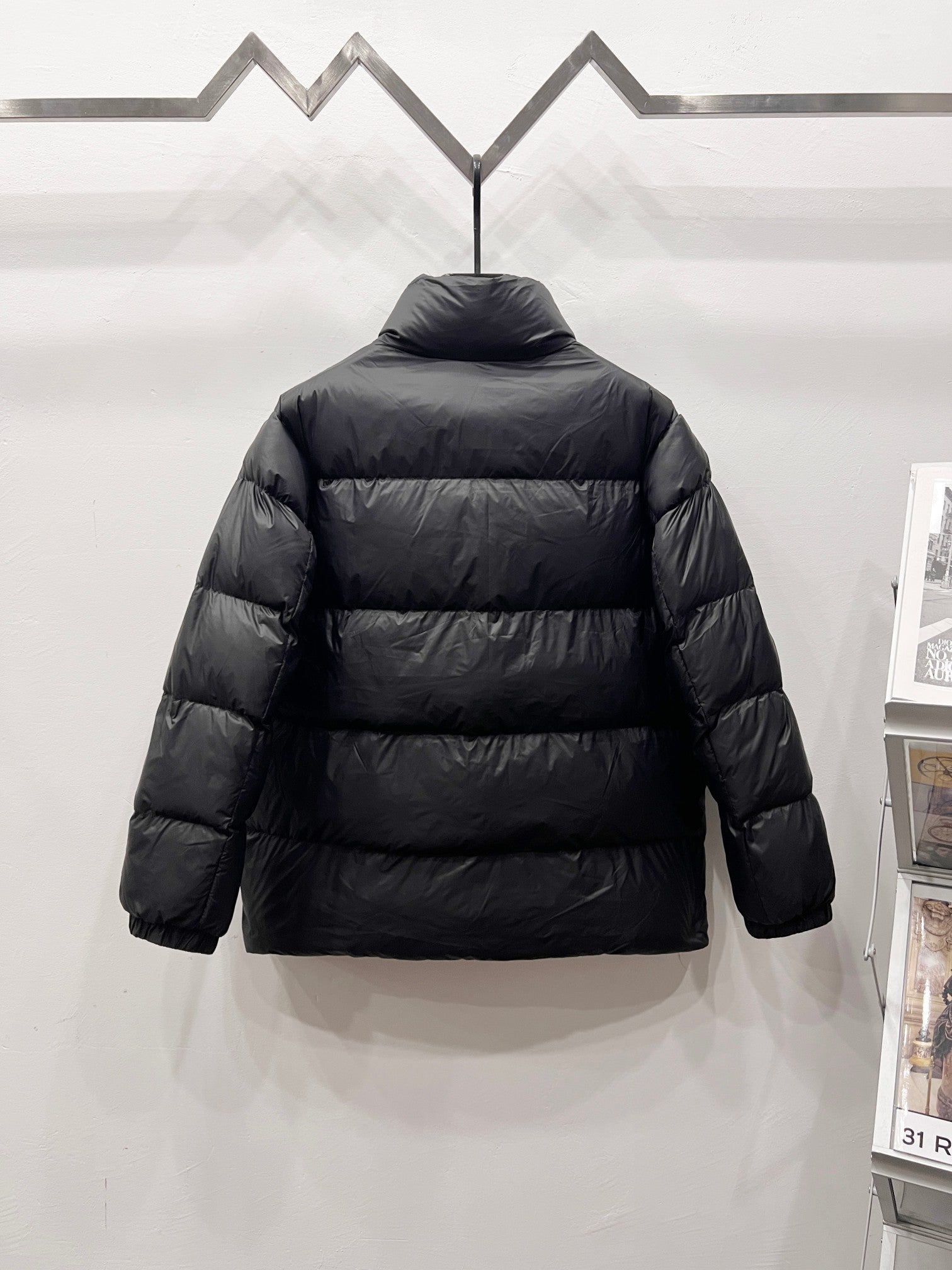 Moncler long puffer jacket back view, dark quilted with stand collar