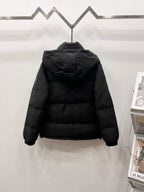 Hooded puffer jacket in dark gray, back view with full zip