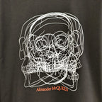 Black crewneck sweatshirt with close-up white line skull graphic and logo text