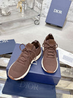 Brown lace-up knit sneakers with white soles