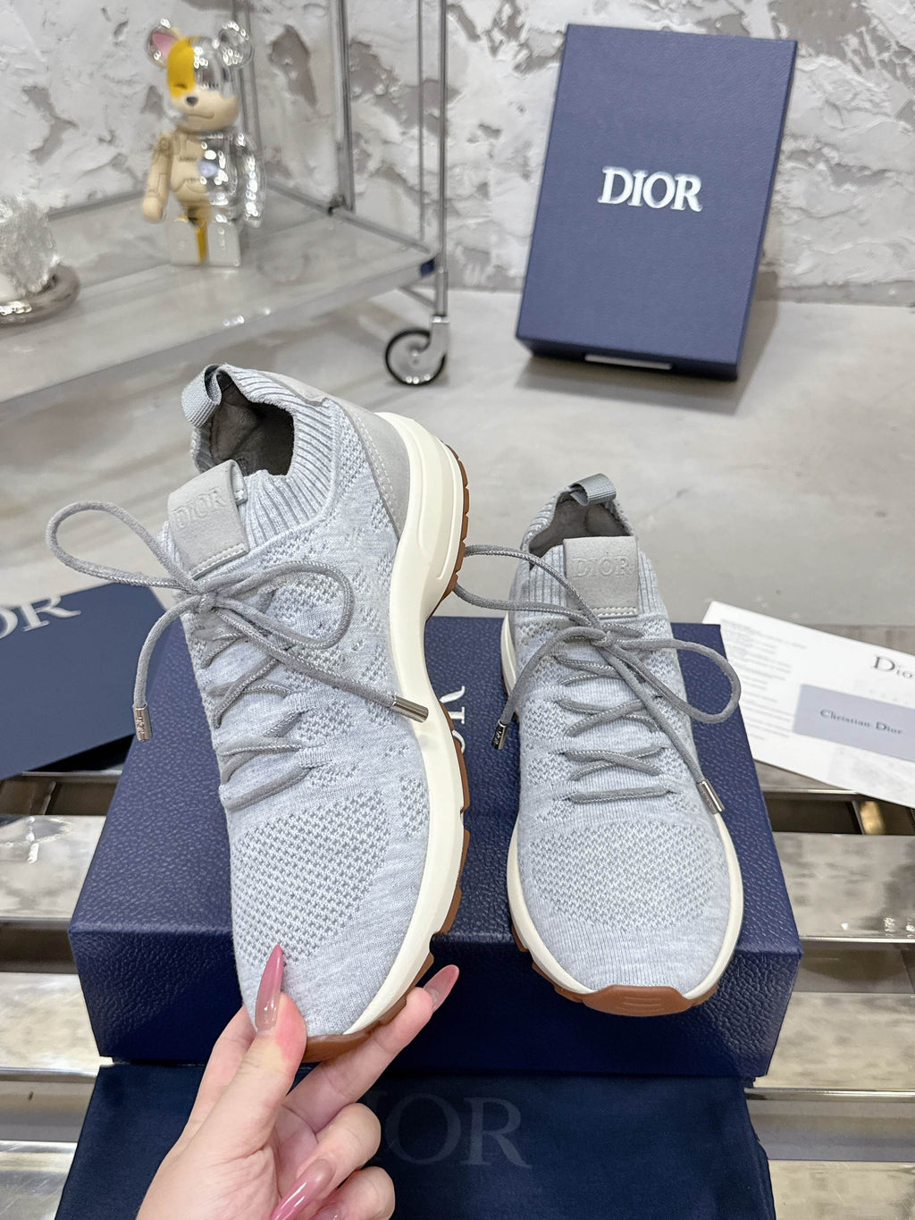 Unisex light gray knit lace-up sneakers with cream sole