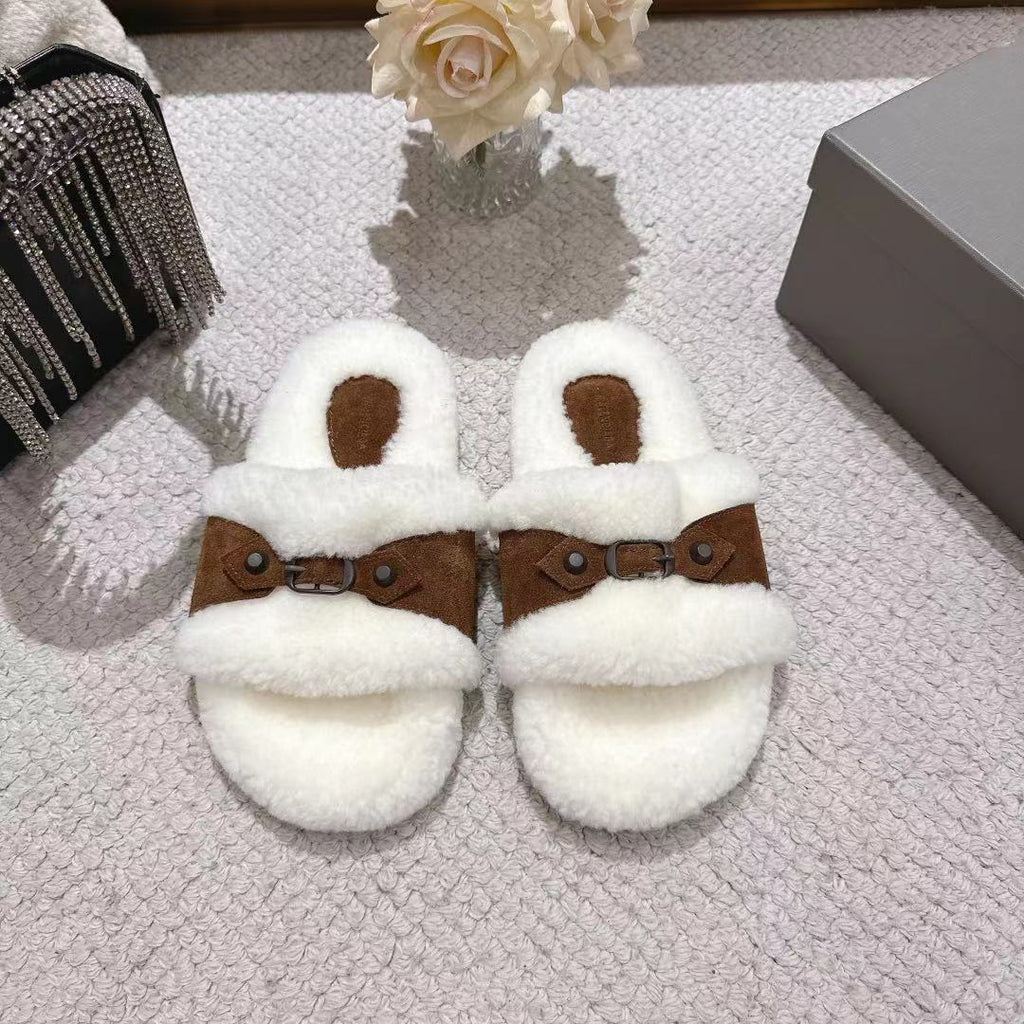 Balenciaga fuzzy slide sandals with brown leather strap and button accents, oval cutout
