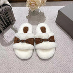 Balenciaga fuzzy slide sandals with brown leather strap and button accents, oval cutout