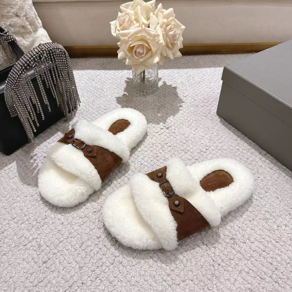 Balenciaga plush sandals with white teddy upper and brown leather crossover strap