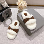 Balenciaga plush slide sandals, white fuzzy straps with brown leather details and oval insole