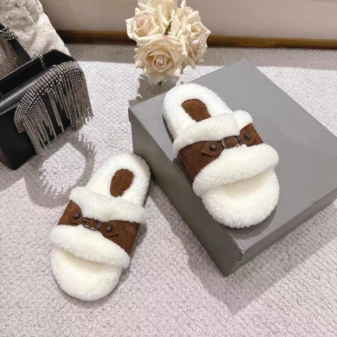 Balenciaga plush slide sandals, white fuzzy straps with brown leather details and oval insole