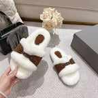 Balenciaga white fuzzy slide sandals with brown leather panels and metal fasteners
