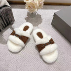 Balenciaga plush slide sandals in white with brown double-strap and metal studs