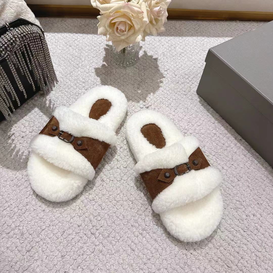 Balenciaga plush slide sandals in white with brown double-strap and metal studs