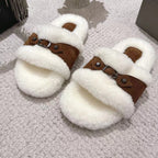 Balenciaga pair of white fuzzy slide sandals with brown leather straps and button details