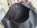 Louis Vuitton bag interior view with zip pocket and metal emblem on front panel.