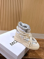 Moncler high-top lace-up sneaker boot with silver collar and cream laces