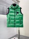 Green hooded puffer vest with black trim, front zipper, and side pockets